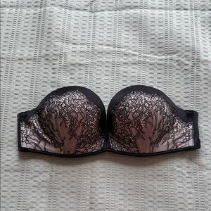 Victoria's Secret Black and Pink Lace Strapless Bra